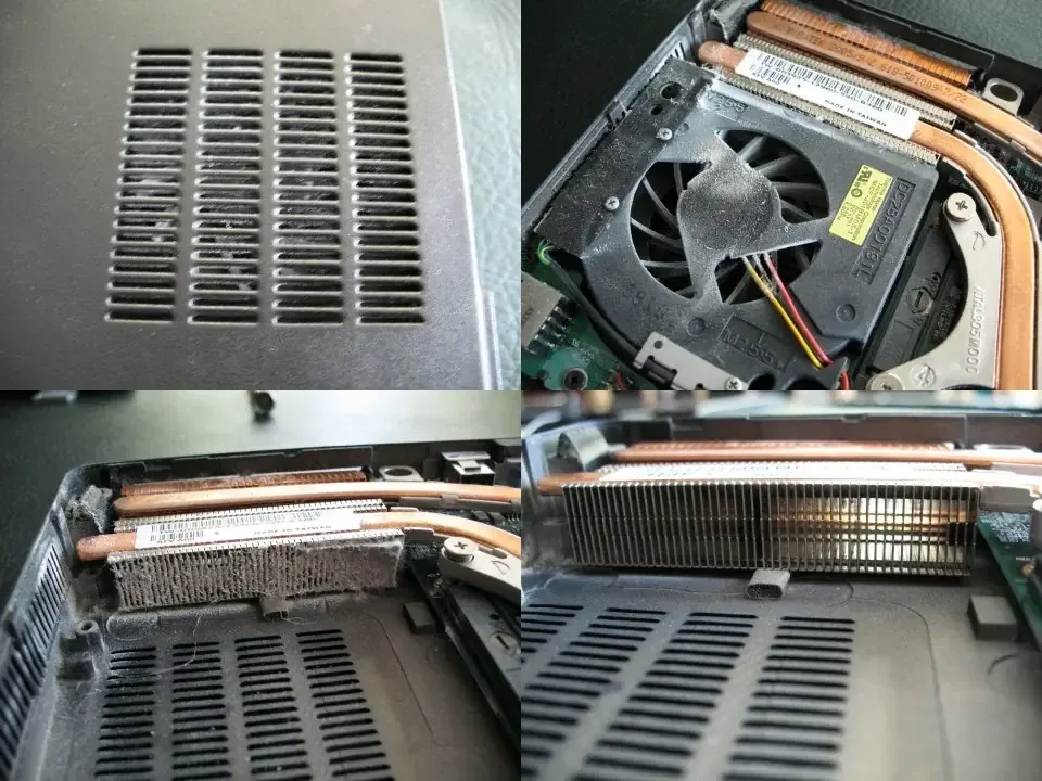 Zakurzony wentylator i zarośnięty radiator we wnętrzu laptopa — czyszczenie z kurzu